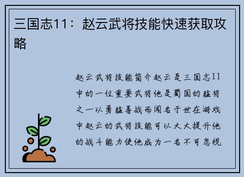 三国志11：赵云武将技能快速获取攻略