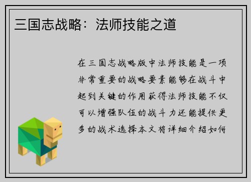 三国志战略：法师技能之道