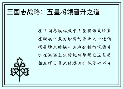 三国志战略：五星将领晋升之道